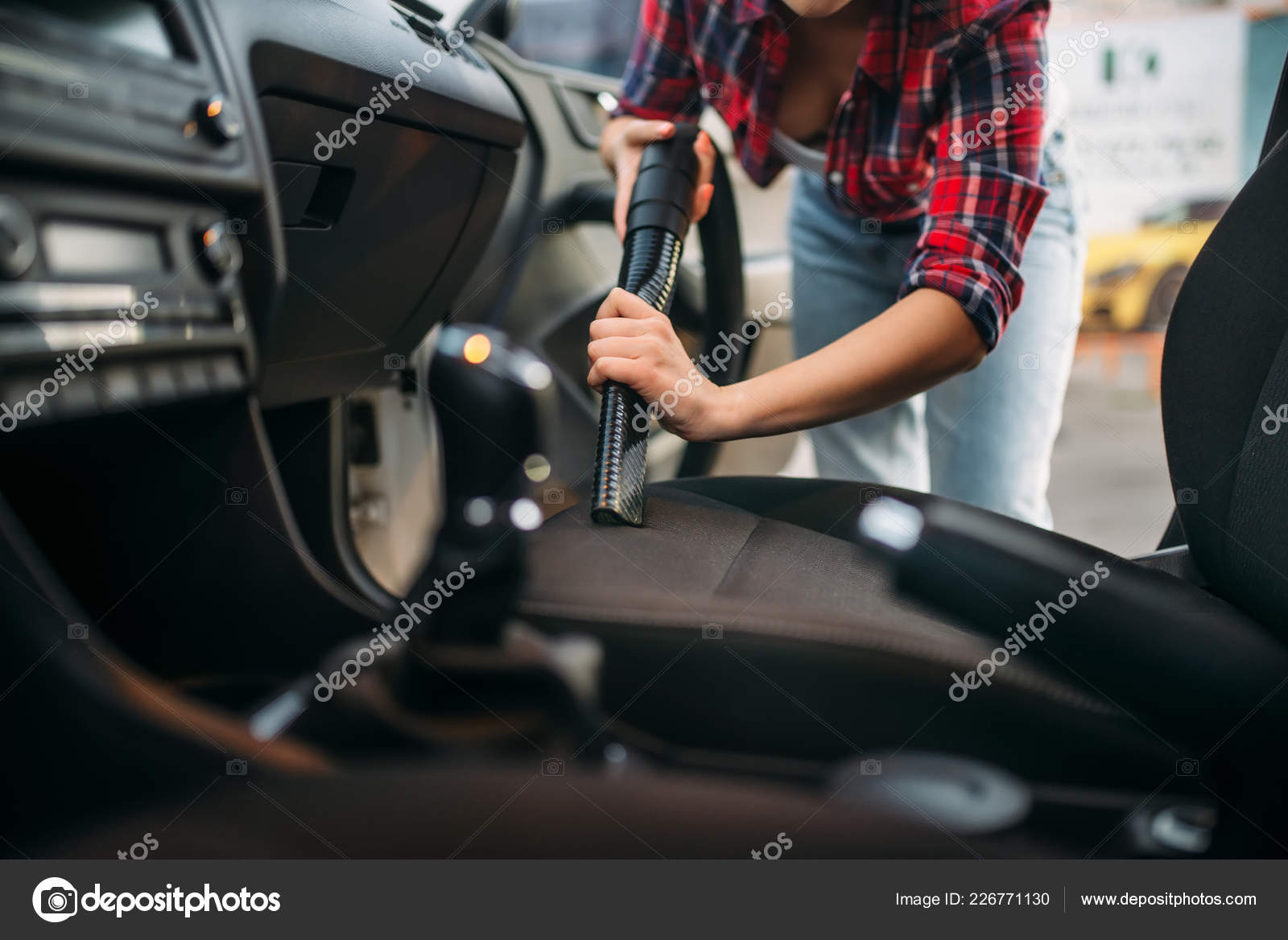 Woman Cleans Car Interior Vacuum Cleaner Carwash Lady Hoover