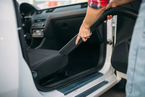 Woman Cleans Car Interior Vacuum Cleaner Carwash Lady Hoover Self — Stock Photo, Image