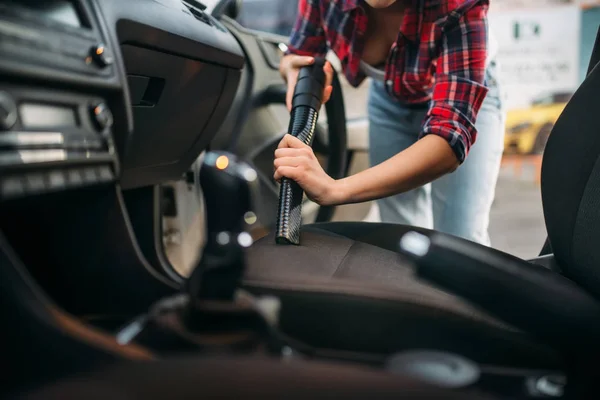 Woman Cleans Car Interior Vacuum Cleaner Carwash Lady Hoover Self — Stock Photo, Image