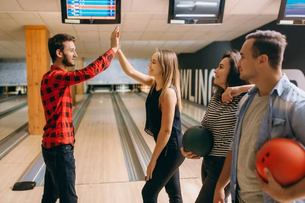 Bowler Throws Ball Lane Makes Strike Shot Bowling Alley Team — Stock Photo, Image