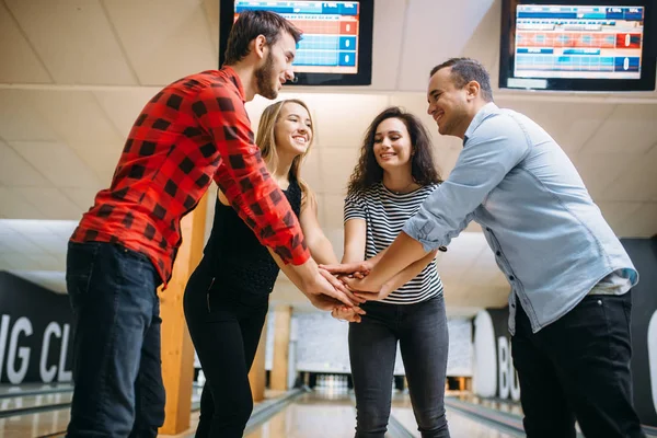 Bowling Team Joined Hands Competition Players Strike Friends Playing Classical — Stock Photo, Image