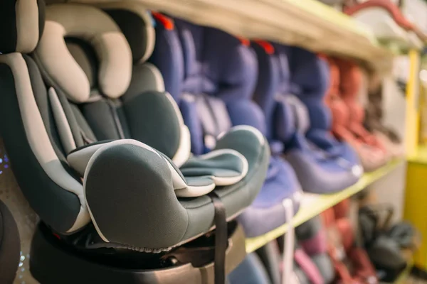 Child Car Seats Variety Shelf Store Closeup View Nobody Goods — Stock Photo, Image