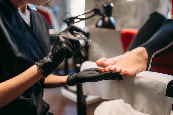 Pedicure Master Black Gloves Sprays Foot Nails Female Client Beauty — Stock Photo, Image