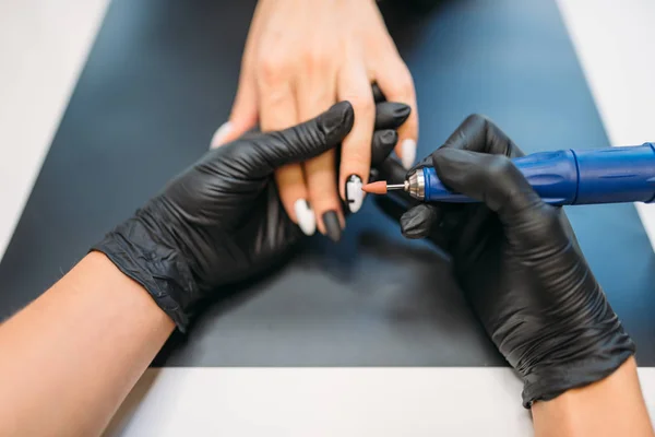 Beautician Gloves Holds Polishing Machine Cleans Old Varnish Nails Female — Stock Photo, Image