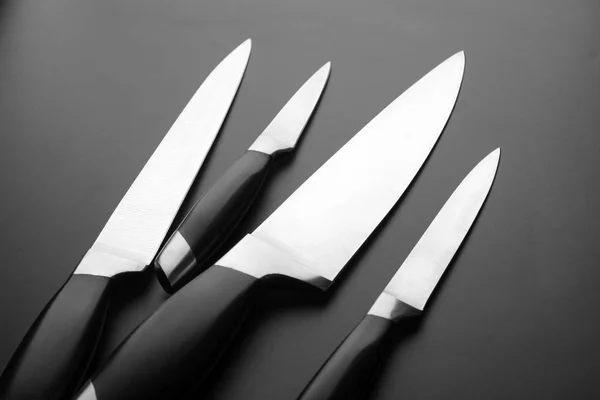 Collection Kitchen Knives Black Bfckground Set Professional Blades Cutting Food — Stock Photo, Image