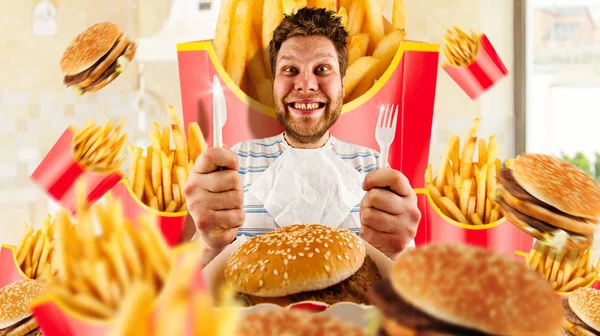 Conceito Fast Food Homem Hambúrgueres Com Batatas Fritas Homem Louco — Fotografia de Stock