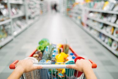 Kadın kişi eller sürükler tam bir süpermarkette malların sepeti alışveriş. Müşteri kavramı alışveriş eşya, alıcı pazarında,
