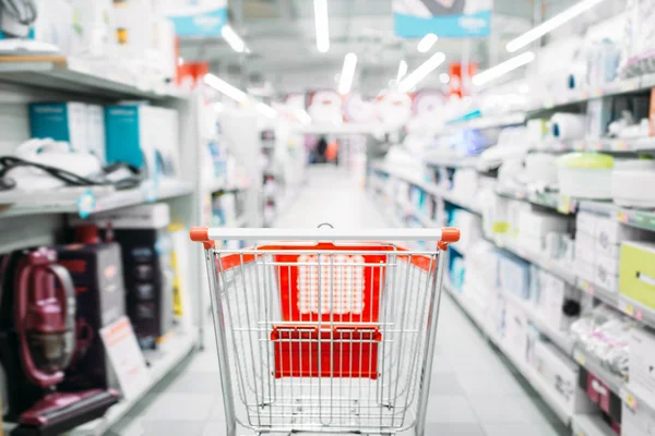 Lege Winkelwagen Departement Van Huishoudelijke Apparaten Supermarkt Trolley Markt Niemand — Stockfoto