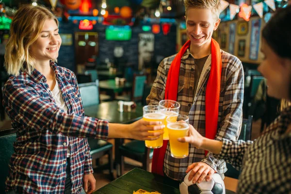 Cheerful Football Fans Raise Glasses Light Beer Sports Bar Broadcasting — Stock Photo, Image