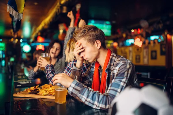 Upset Football Fan Sitting Counter Sports Bar Broadcasting Favorite Team — Stock Photo, Image