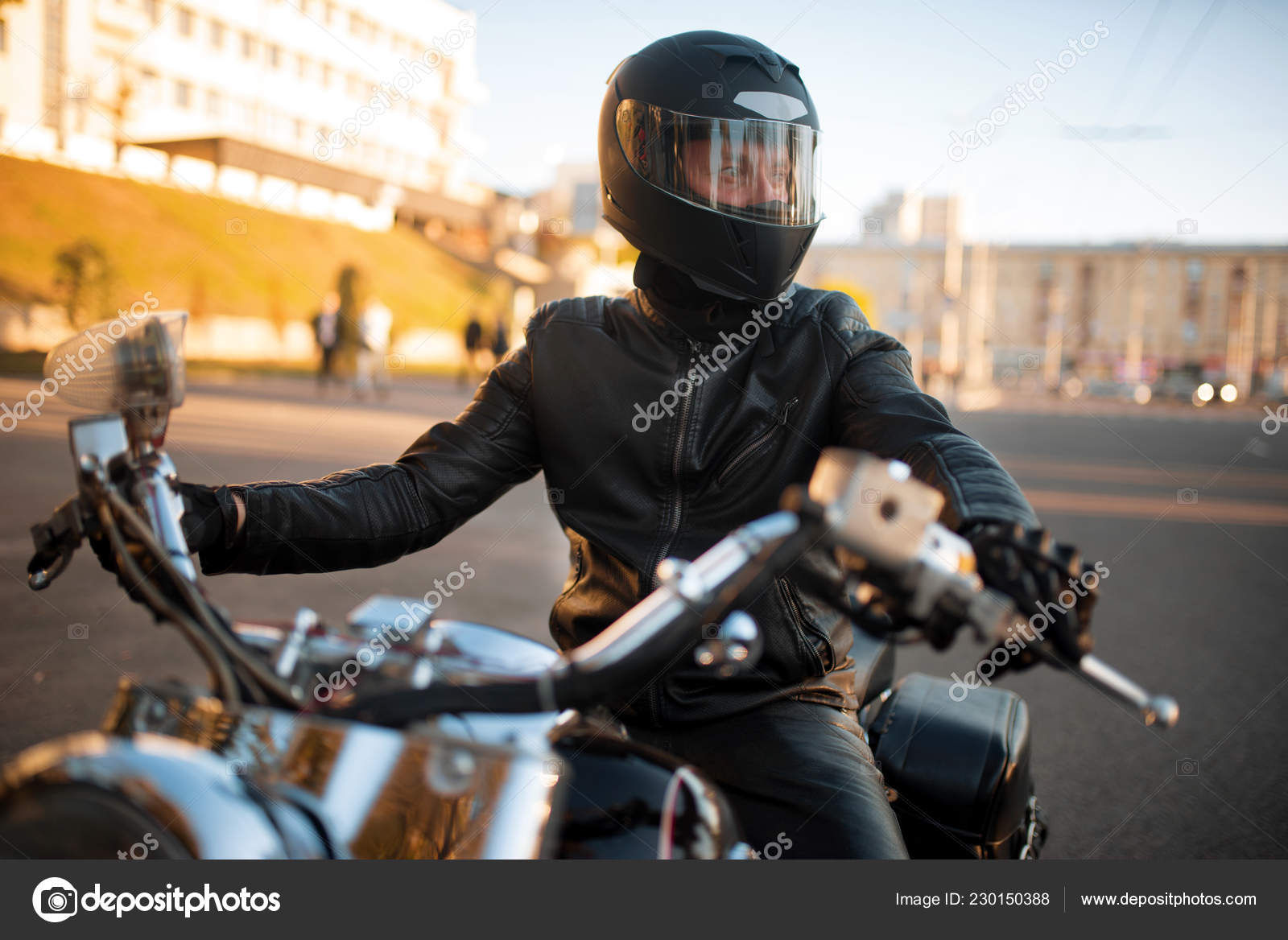 Biker Leather Jacket Helmet Visor Sitting Classical Chopper