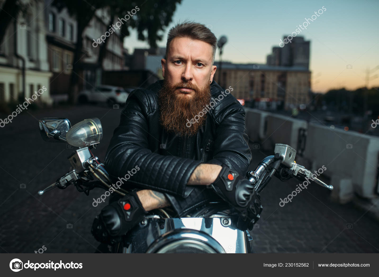 Brutal Bearded Biker Poses Chopper City Front View Vintage Bike Stock