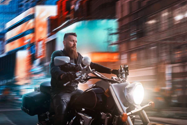 Biker Riding Chopper Night City Blured Cityscape Advertising Neon Lights — Stock Photo, Image