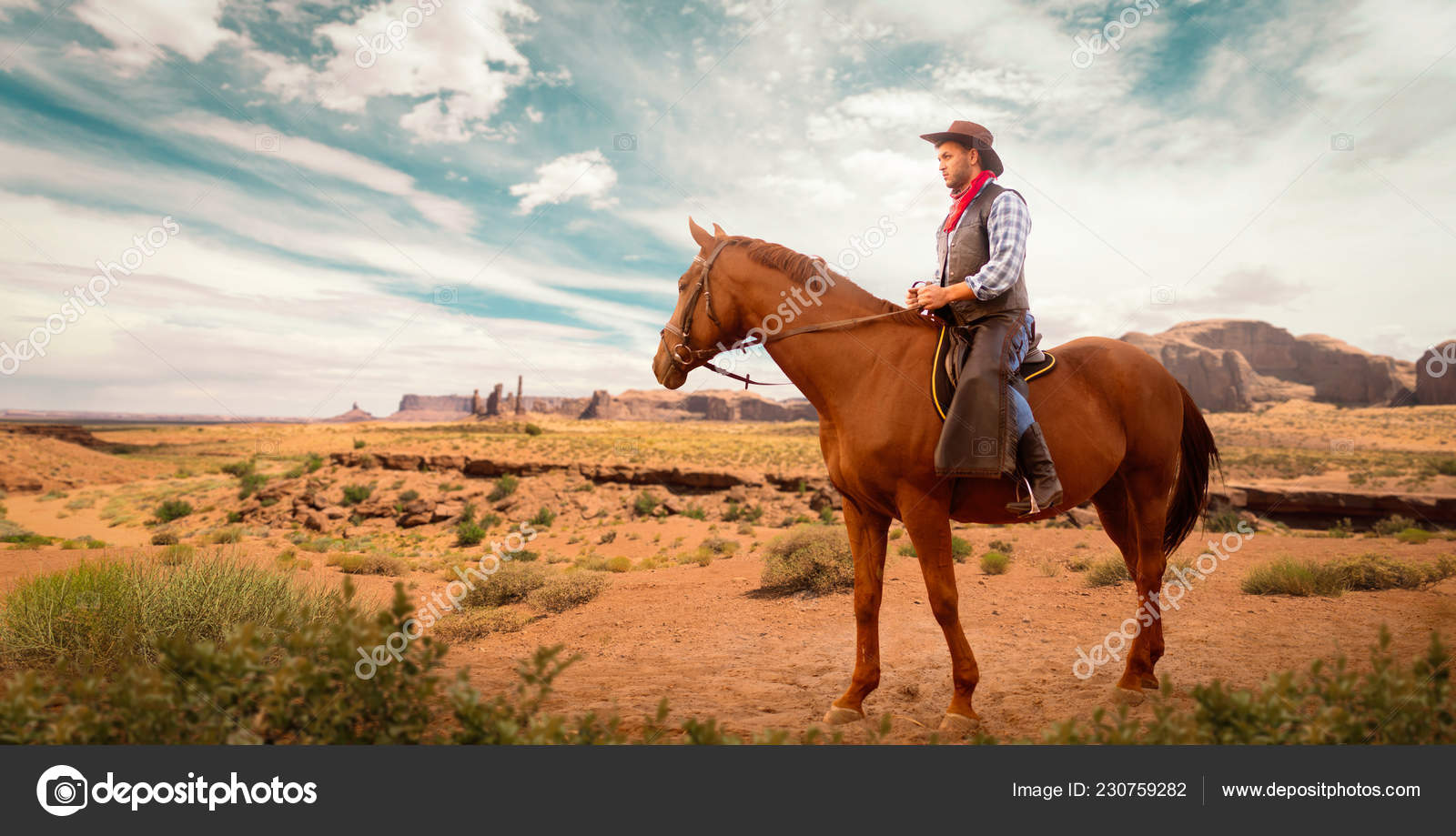 Clan Dank u voor uw hulp Enten Cowboy Leather Clothes Riding Horse Desert Valley Western Vintage Male  Stock Photo by ©Nomadsoul1 230759282