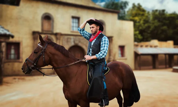 Cowboy Riding Horse Texas Country Saloon Background Western Vintage Male — Stock Photo, Image