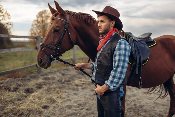 Cowboy in jeans and leather jacket poses with horse on texas farm, western. Vintage male person with animal, american culture