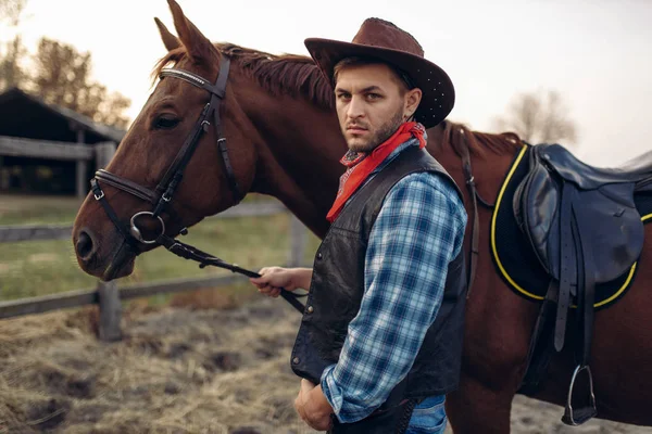 Cowboy in jeans and leather jacket poses with horse on texas ranch, western. Vintage male person with animal, wild west