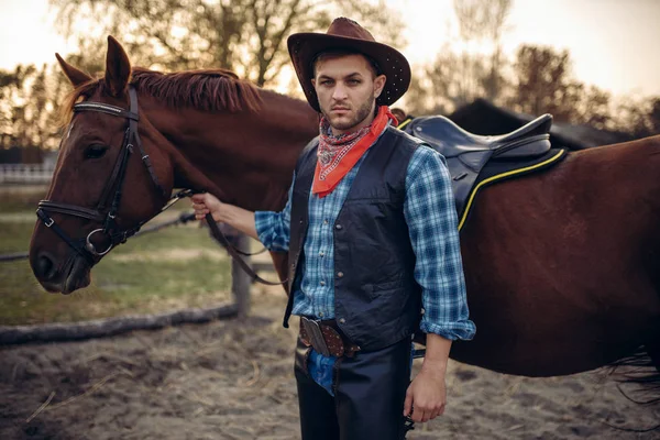 Brutální Kovboj Džínách Koženou Bundu Představuje Koněm Texas Ranch Západní — Stock fotografie