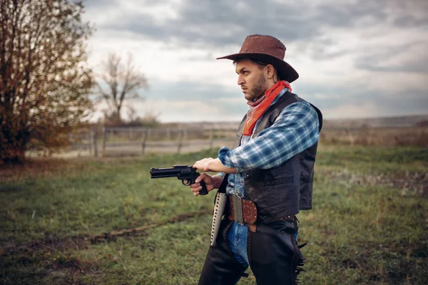 Tabanca Silahlı Çatışma Texas Çiftlikte Batı Ile Vahşi Kovboy Vintage — Stok fotoğraf