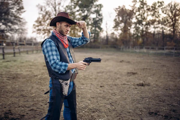 Cowboy Revolver Elülső Kilátás Texasi Ranch Western Gunfight Vintage Férfi — Stock Fotó
