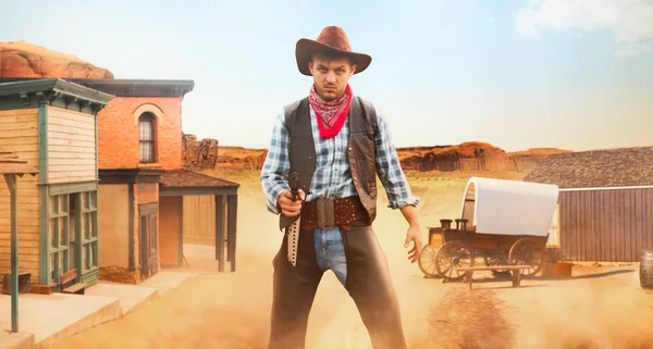 Cowboy Avec Revolver Vue Face Fusillade Texas Ouest Homme Vintage — Photo
