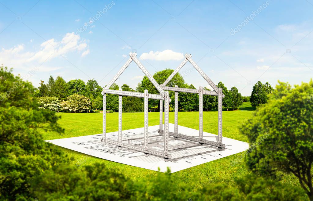 House frame from ruler, construction architecture. Building project, material calculation idea
