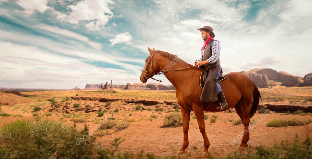 Cowboy in leather clothes riding a horse in desert valley, western. Vintage male rider on horseback, wild west adventure 