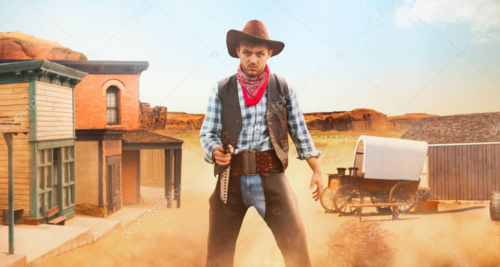 Cowboy with revolver, front view, gunfight in texas country, western. Vintage male person with gun, wild west lifestyle