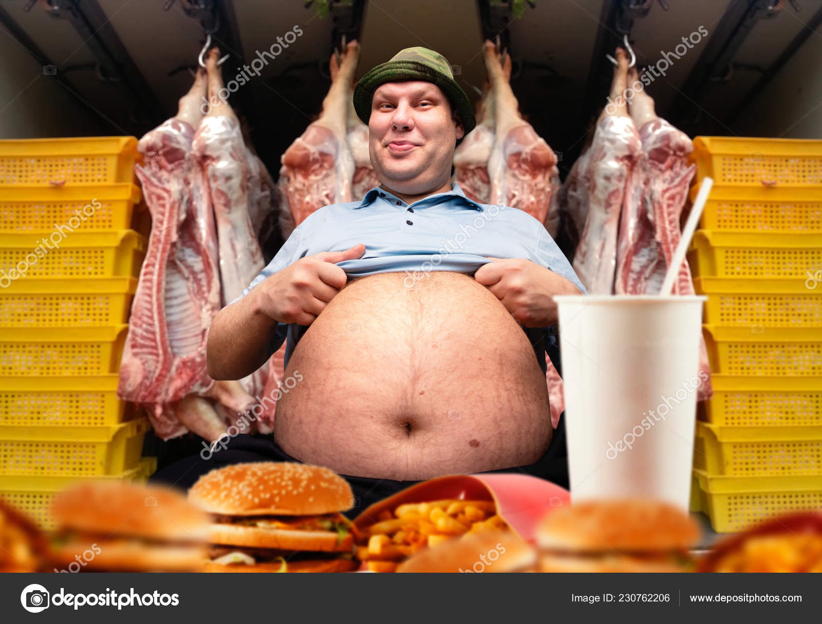 Happy Fat Man Fast Food Pork Carcasses Background Overweight People Stock Photo by ©Nomadsoul1 230762206 Happy Fat Man Fast Food Pork Carcasses Background Overweight People Stock Photo by ©Nomadsoul1 230762206