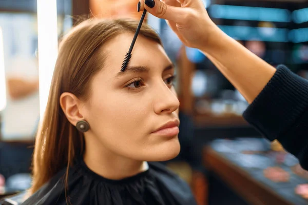 Maquiagem Artista Com Pincel Mulher Loja Maquiagem Cliente Feminino Salão — Fotografia de Stock