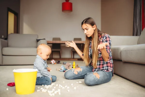 Little Kid Spilled Popcorn Floor Motherhood Problems Sad Mom Son — Stock Photo, Image