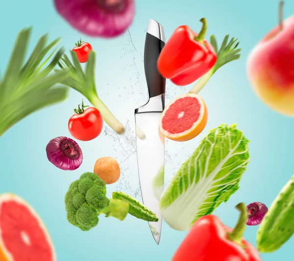 Küchenmesser Und Frisches Gemüse Gesundes Lebensstil Konzept Vegetarische Küche Bio — Stockfoto