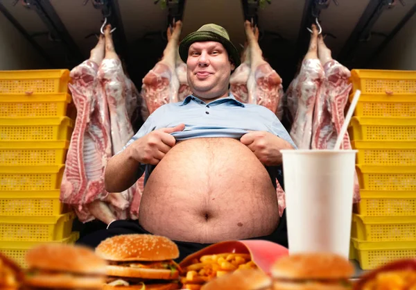 Happy Fat Man Fast Food Pork Carcasses Background Overweight People — Stock Photo, Image