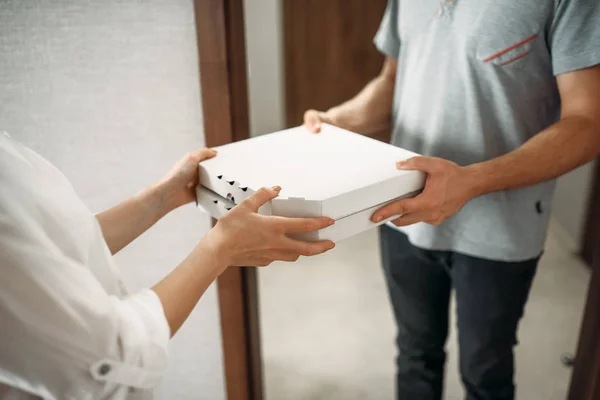 Pizza Delivery Man Gives Carton Box Female Client Door Delivering — Stock Photo, Image