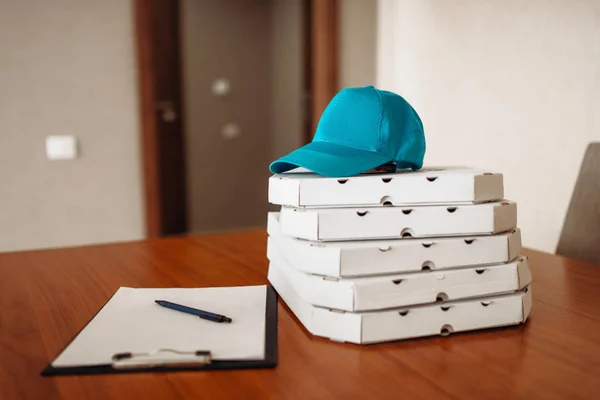 Concept Livraison Pizza Prestation Service Personne Pizzeria Entreprise Boîtes Carton — Photo