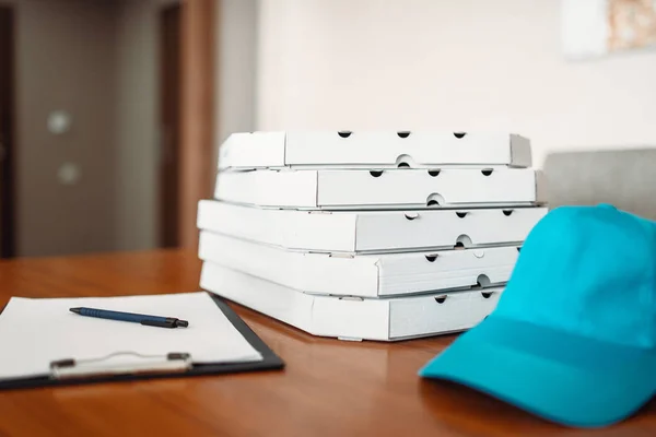 Karton Pizza Kutuları Kap Boş Sipariş Tablo Görünüm Üst Pizza — Stok fotoğraf