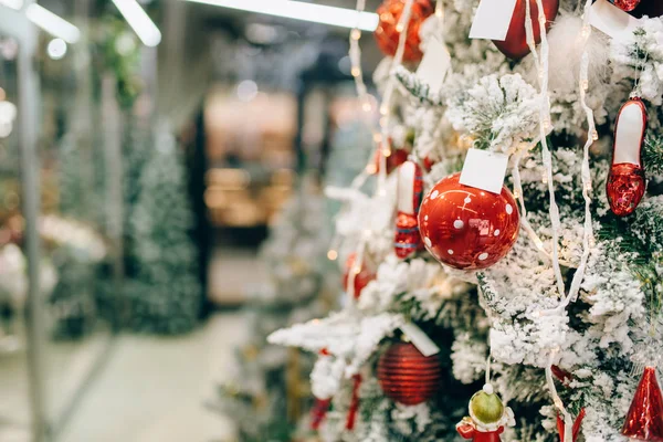 Kırmızı topları ve kar closeup görünümü ile süslenen Noel köknar ağacı kimse. Tatil kutlama sembolü, oyuncak ya da önemsiz şey