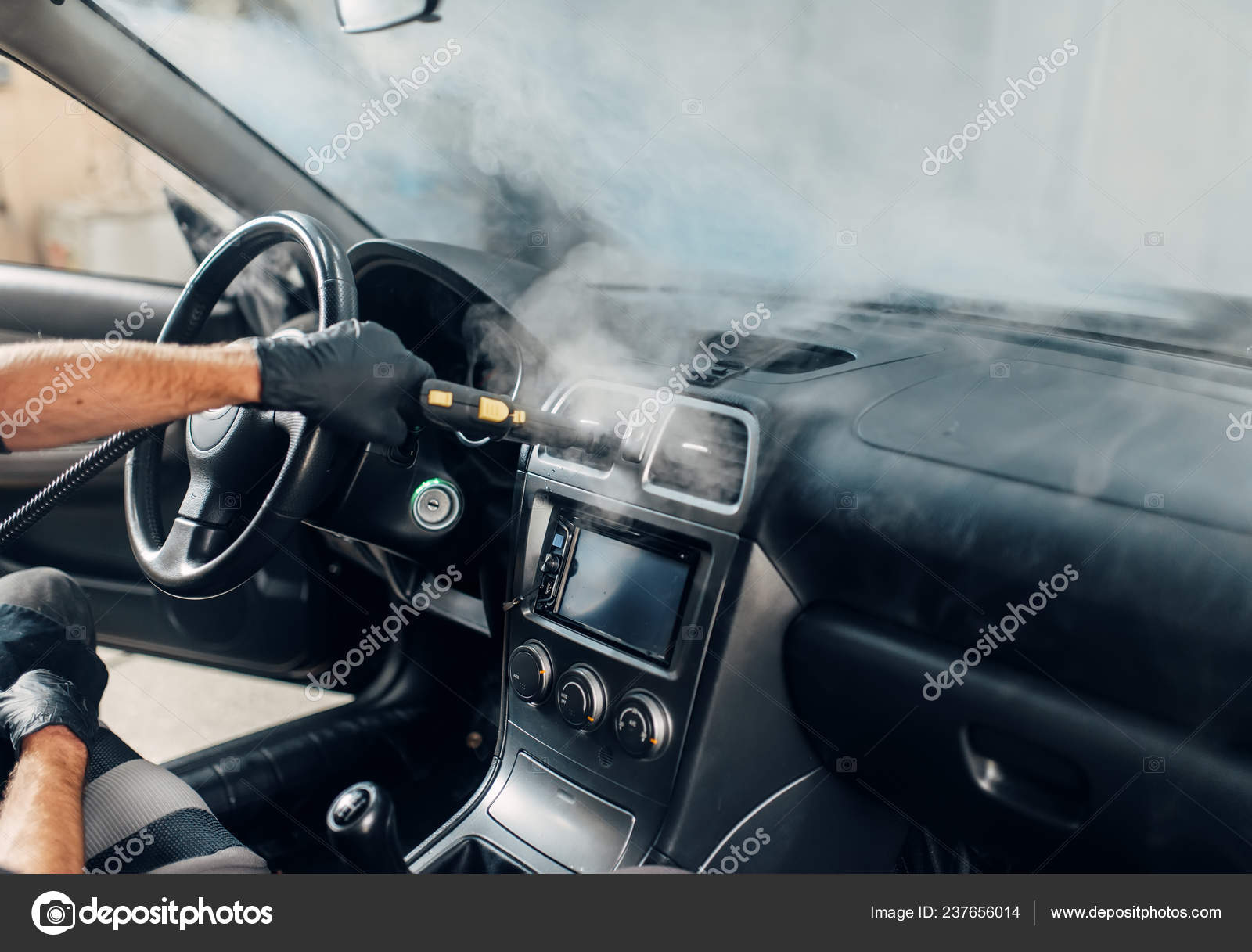 Carwash Service Male Worker Gloves Cleans Salon Steam