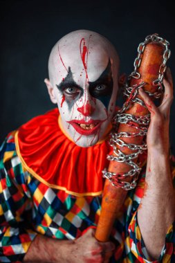 Crazy bloody clown with baseball bat. Man with makeup in halloween costume, maniac clipart