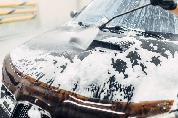 Carwash Service Auto Schoonmaken Top Uitzicht Kap Auto Detaillering Schuim — Stockfoto