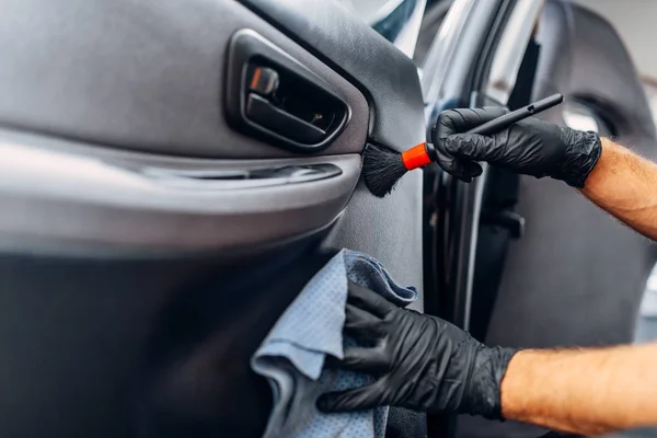 Auto Detailing Car Interior Carwash Service Worker Gloves Cleans Door — Stock Photo, Image