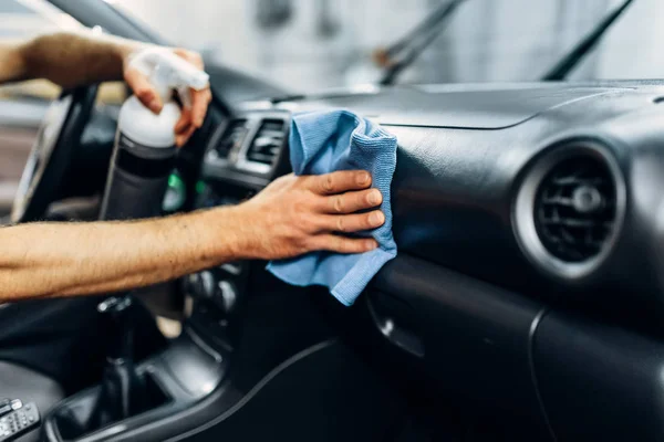 Auto Detalhamento Interior Carro Serviço Lavagem Carros Trabalhador Luvas Limpeza — Fotografia de Stock