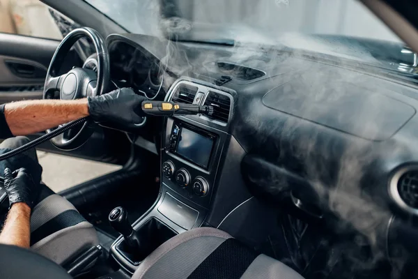 Carwash Service Worker Gloves Cleans Salon Steam Cleaner Professional Dry — Stock Photo, Image