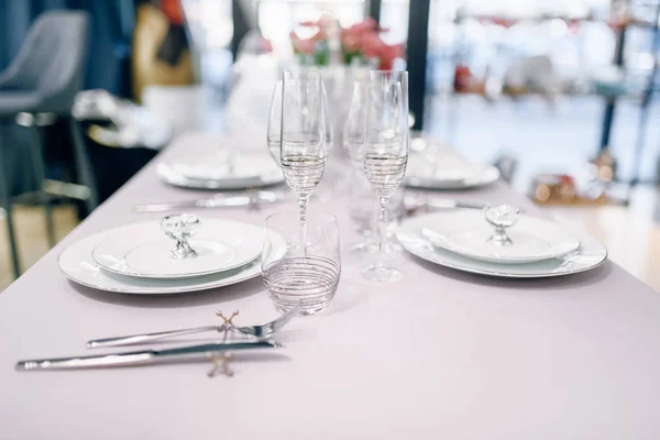 Empty Tableware Table Setting Nobody Serving Service Festive Dinner Decoration — Stock Photo, Image