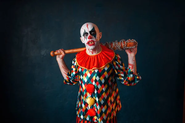 Gek Bloedige Clown Met Honkbalknuppel Man Met Make Halloween Kostuum — Stockfoto