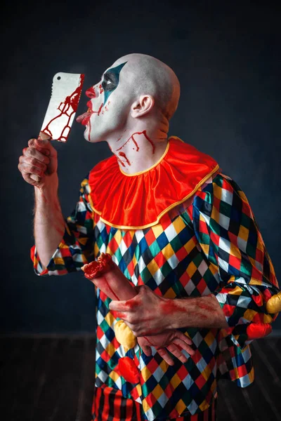 Scary Bloody Clown Licks Knife Blade Man Makeup Halloween Costume — Stock Photo, Image