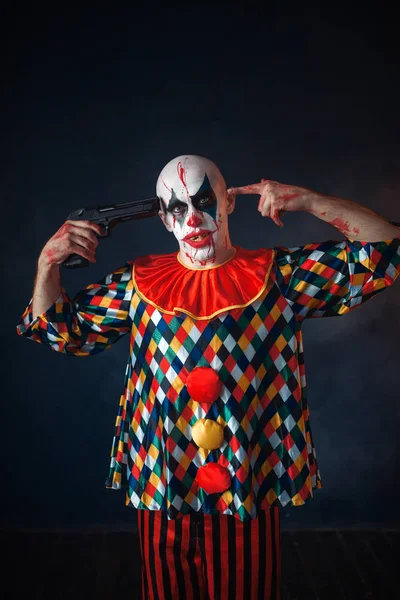 Mad Bloody Clown Gun His Head Circus Horror Man Makeup — Stock Photo, Image