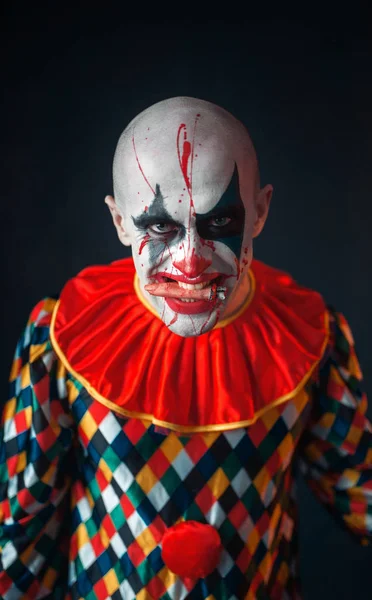 Portrait Mad Bloody Clown Face Blood Man Makeup Halloween Costume — Stock Photo, Image