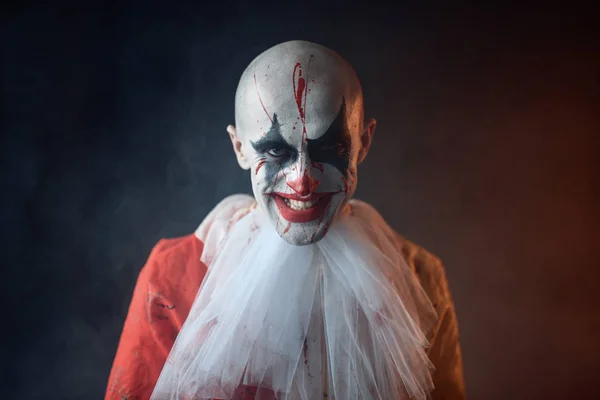 Portrait Crazy Bloody Clown Face Blood Man Makeup Halloween Costume — Stock Photo, Image