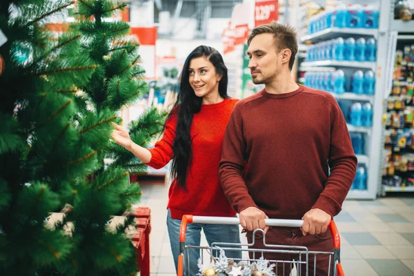 夫妇在超市买圣诞树 12月购物 节日装饰的选择 — 图库照片